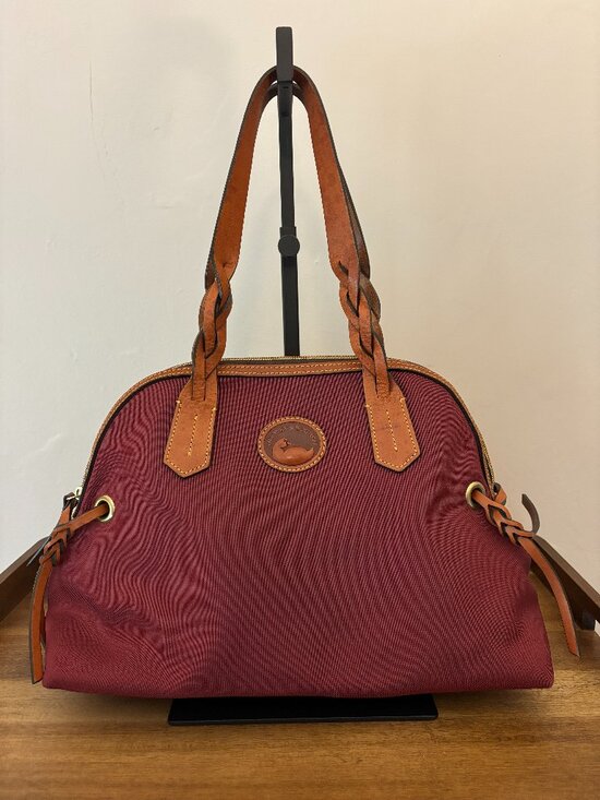 Dooney & Bourke Handbags - Dooney & Bourke Maroon Burgundy Nylon Brown Leather Large Domed Satchel